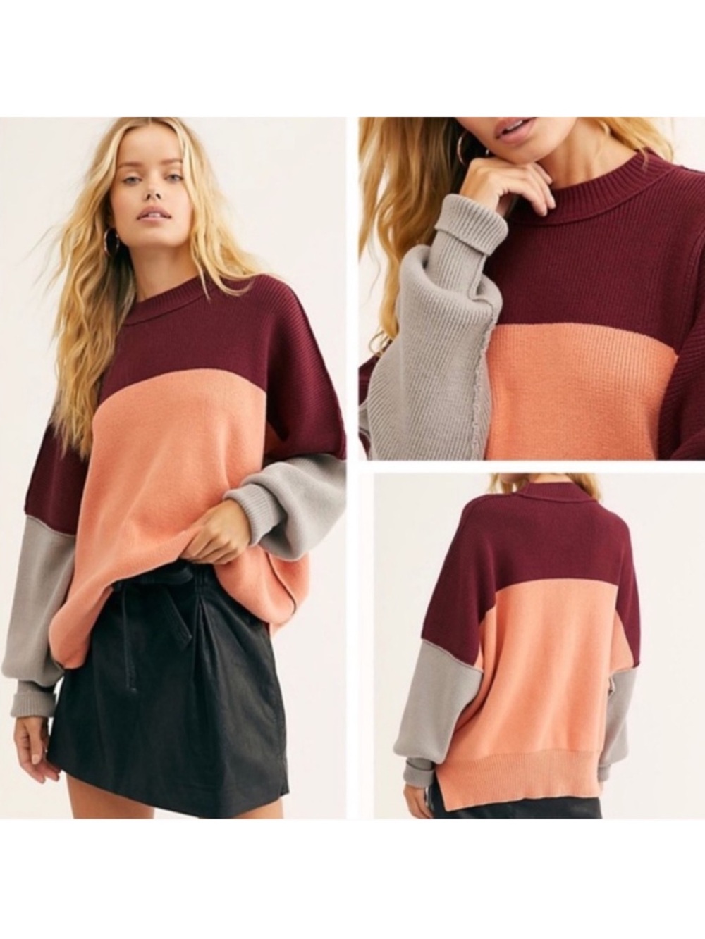 Free people easy street colorblock oversized peach combo sweater sz xs